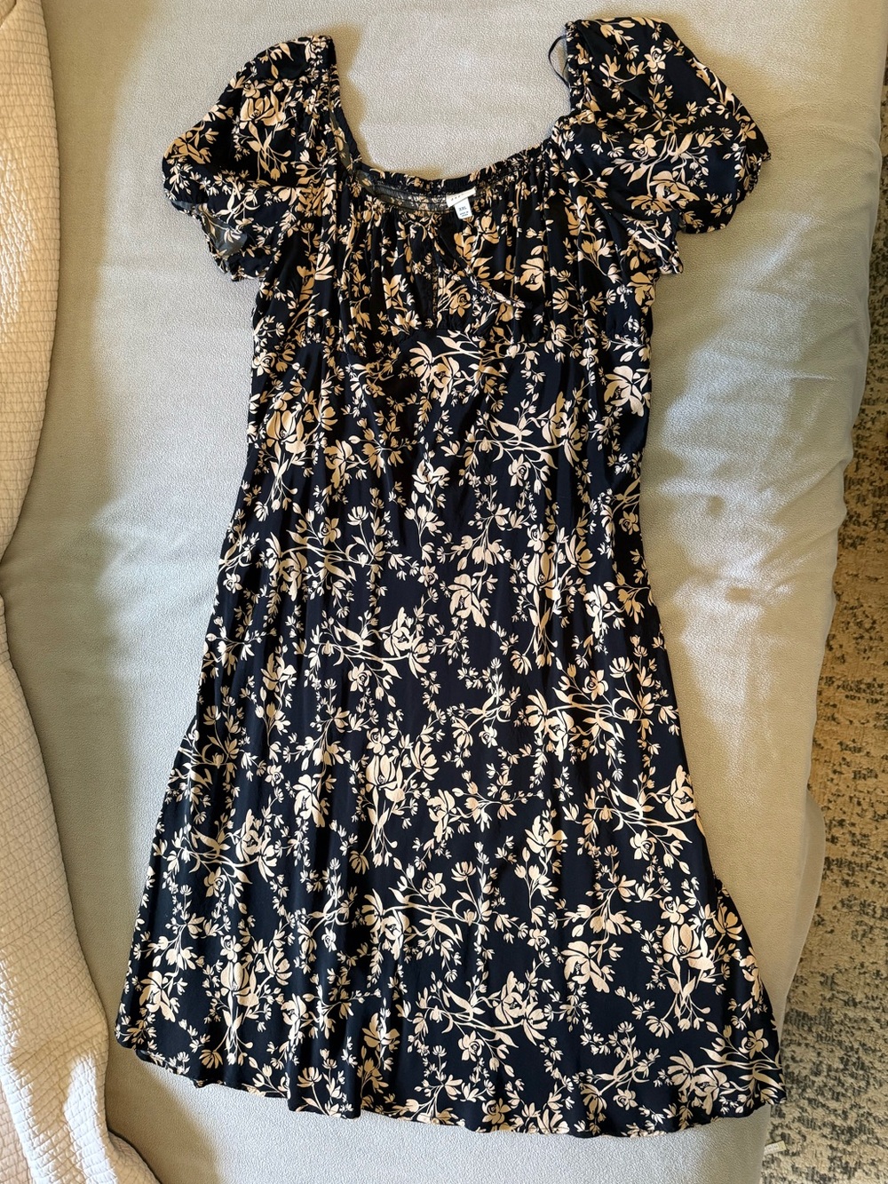 a new day Black Floral Puff-Sleeve Dress with Cream Print